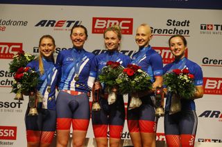Great Britain's women's team pursuit in the 2015 European Track Championships