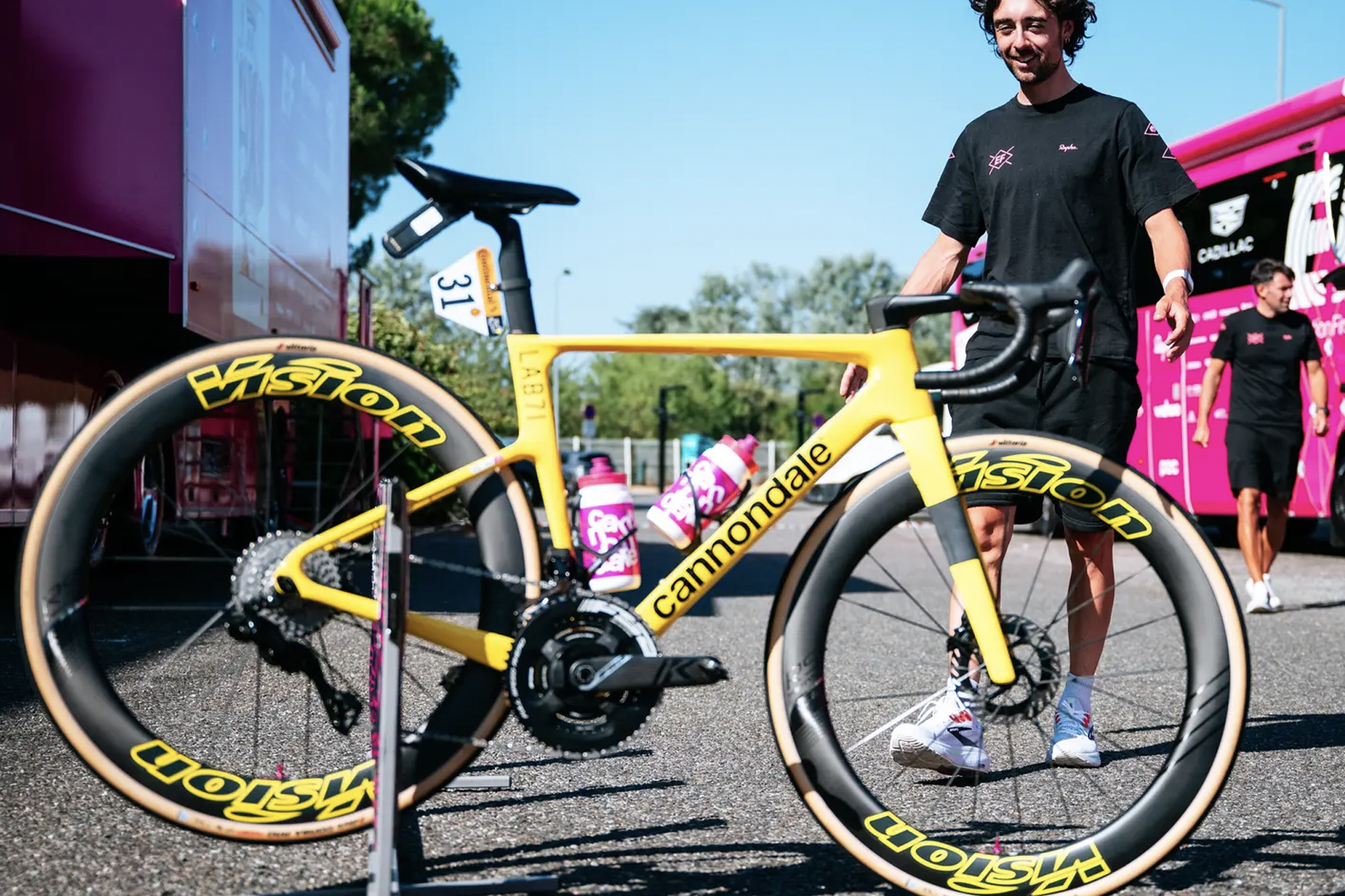 Ben Healy receiving his yellow Cannondale Lab71 SuperSix Evo