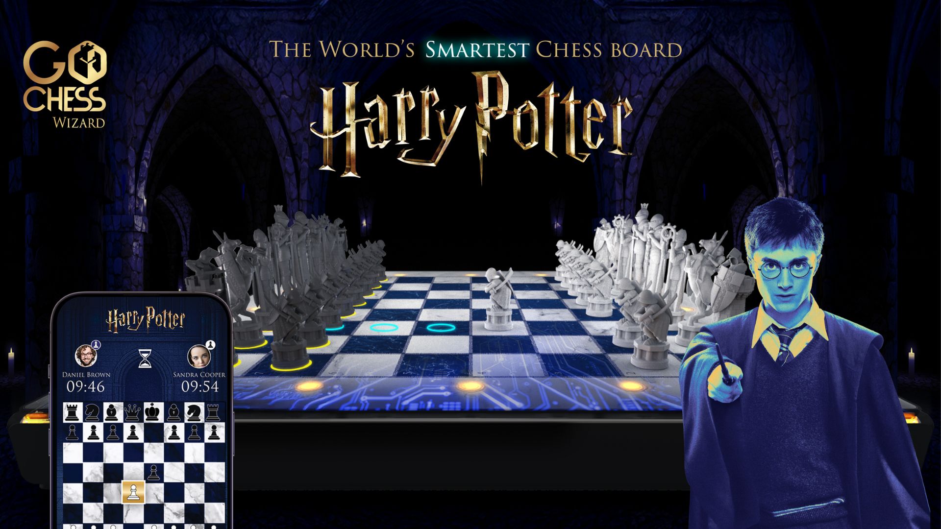 a stylised image of the board with an image of the phone screen with the app open too