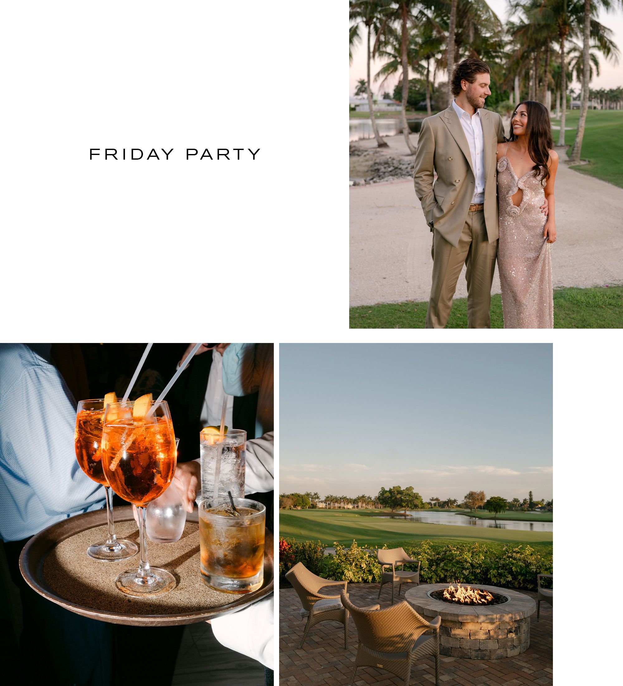 Collage of Kelli Orihuela and Chris Denci at their wedding welcome party and the venue.
