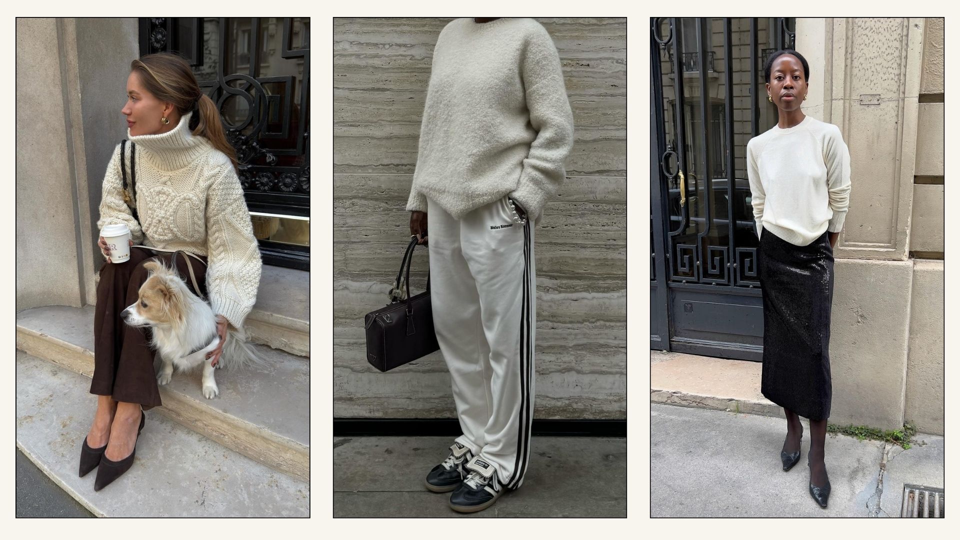 Collage of influencers wearing cream jumpers with trousers, track pants and skirts.