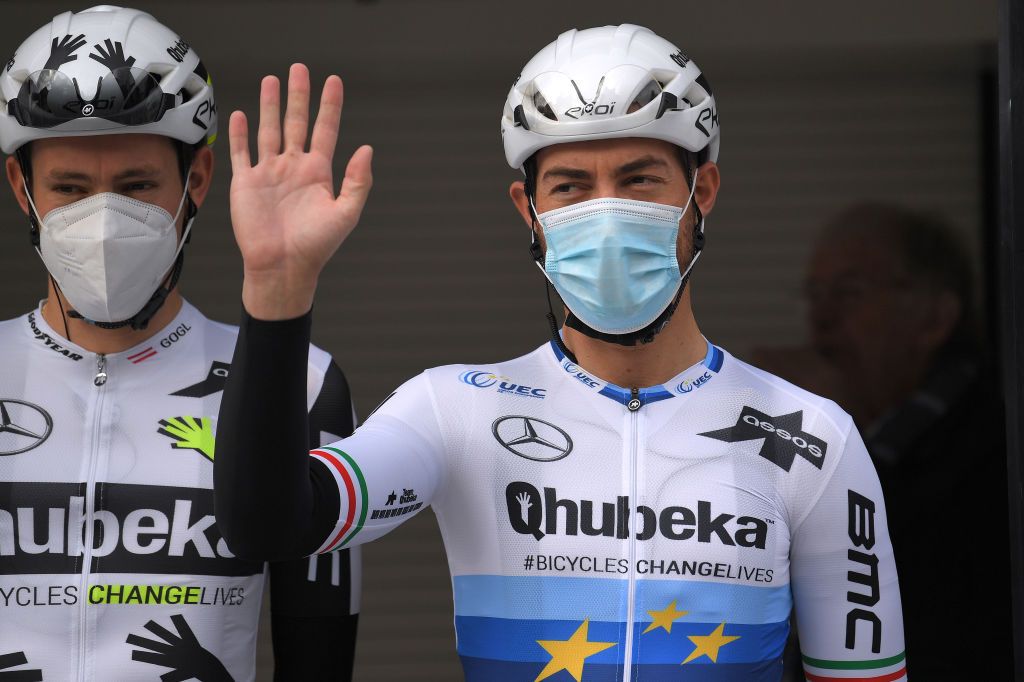 BELLEGARDE FRANCE FEBRUARY 03 Start Giacomo Nizzolo of Italy and Team Qhubeka ASSOS during the 51st toile de Bessges Tour du Gard 2021 Stage 1 a 14355km stage from Bellegarde to Bellegarde 57m Mask Covid Safety Measures EDB2020 on February 03 2021 in Bellegarde France Photo by Luc ClaessenGetty Images