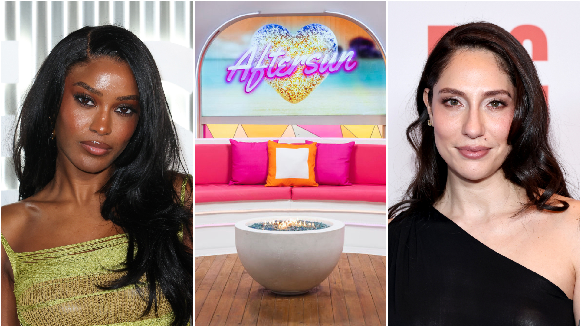 A three split image of the 'Love Island USA: Aftersun' set and hosts Ciara Miller and Tefi Pessosa.