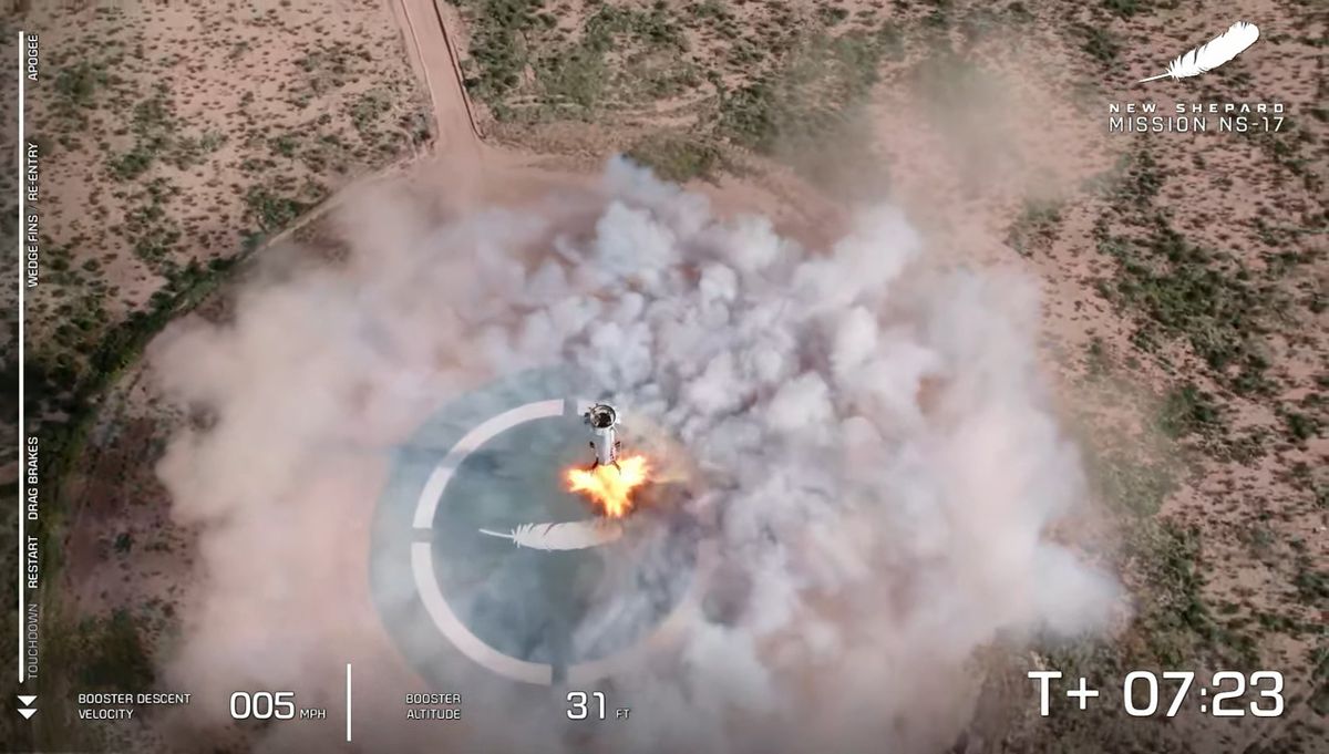 Blue Origin's New Shepard rocket and capsule, the RSS H.G. Wells, launches on the NS-17 suborbital spaceflight from West Texas on Aug. 26, 2021.