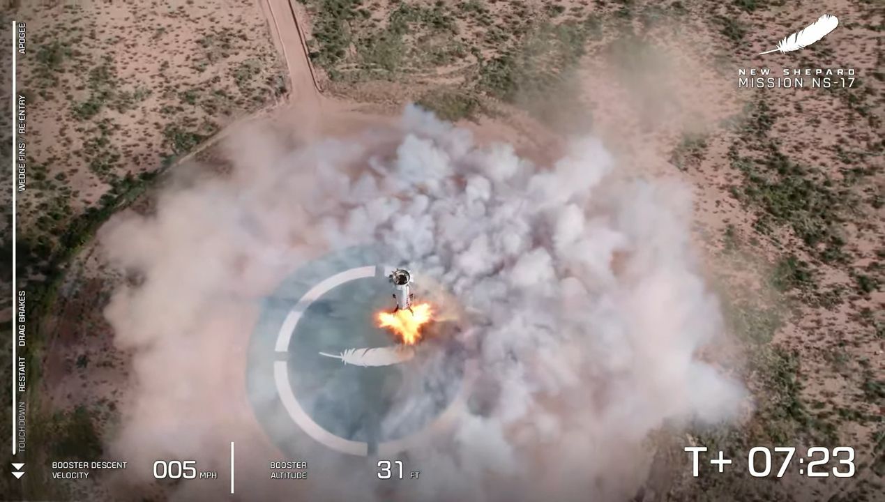 Blue Origin's New Shepard rocket and capsule, the RSS H.G. Wells, launches on the NS-17 suborbital spaceflight from West Texas on Aug. 26, 2021.