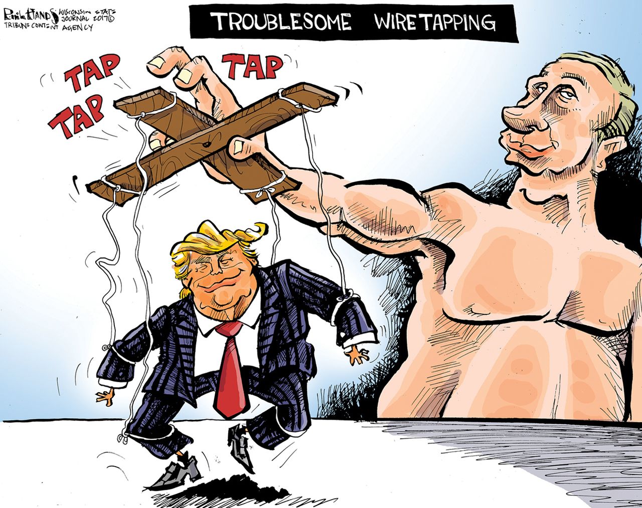 Political Cartoon U.S. Trump Putin wiretap puppet Obama