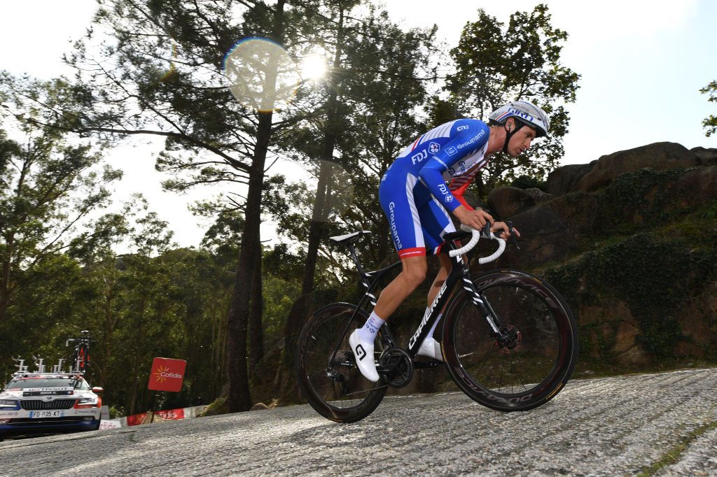 MIRADOR DE ZARO DUMBRA SPAIN NOVEMBER 03 Anthony Roux of France and Team Groupama FDJ during the 75th Tour of Spain 2020 Stage 13 a 337km Individual Time Trial stage from Muros to Mirador de zaro Dumbra 278m ITT lavuelta LaVuelta20 La Vuelta on November 03 2020 in Mirador de zaro Dumbra Spain Photo by David RamosGetty Images