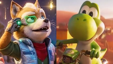 Star Fox (voiced by Glen Powell), Yoshi (voiced by Donald Glover) in The Super Mario Galaxy Movie (2026).