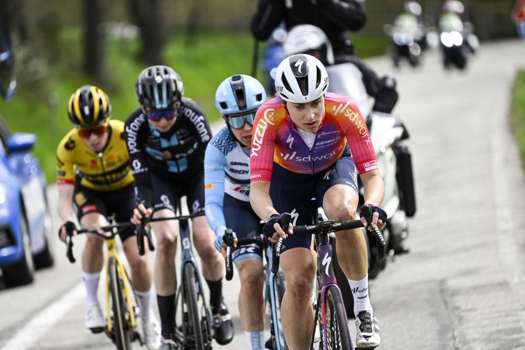 SD Worx Swiss rider Marlen Reusser R cycles in a breakaway during the women elite race of the LiegeBastogneLiege one day cycling event 1421 km roundtrip from Liege via Bastogne on April 23 2023 Photo by Tom Goyvaerts Belga AFP Belgium OUT Photo by TOM GOYVAERTSBelgaAFP via Getty Images
