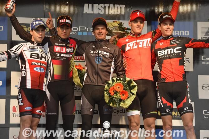 Elite men's Albstadt World Cup cross country podium: Maxime Marotte, Sergio Mantecon Gutierrez, Daniel McConnell , Jaroslav Kulhavy, Lukas Fl&uuml;ckiger