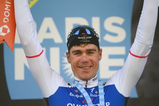 Stage winner QuickStep Alpha Vinyl Teams Dutch rider Fabio Jakobsen celebrates on the podium after winning the 2nd stage of the 80th edition of the Paris Nice cycling race 1595 km between Auffargis and Orleans on March 7 2022 Photo by FRANCK FIFE AFP Photo by FRANCK FIFEAFP via Getty Images