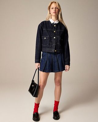 Pleated Denim Mini Skort in Rinse Wash