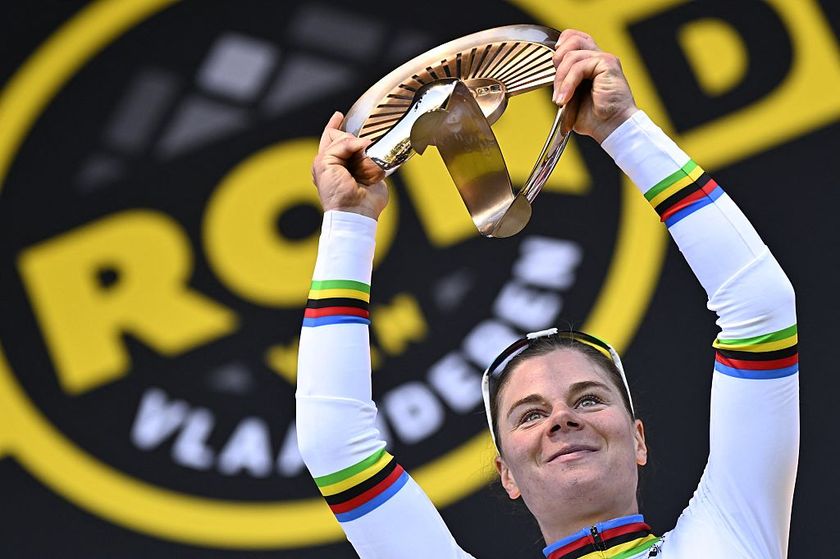 Belgium's Lotte Kopecky of SD Worx-Protime celebrates on the podium after winning the women's Tour of Flanders one day cycling race, 168,8km from and to Oudenaarde, in Oudenaarde, on April 6, 2025. (Photo by JASPER JACOBS / Belga / AFP) / Belgium OUT