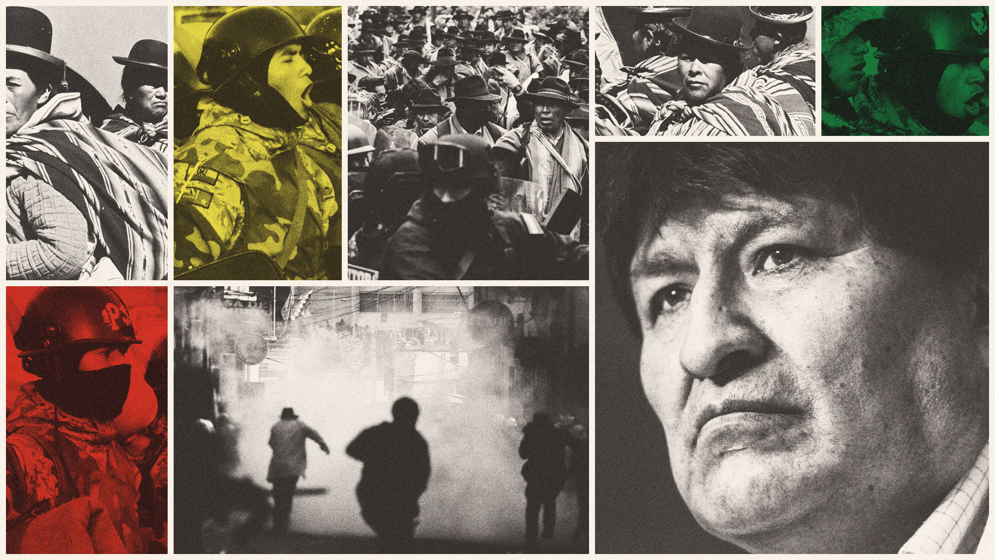 Photo composite of Evo Morales, Bolivian riot police and protestors