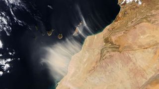 Dust from northwest Africa blows over the Canary Islands in this image captured by the NOAA-20 satellite on Jan. 14, 2022.
