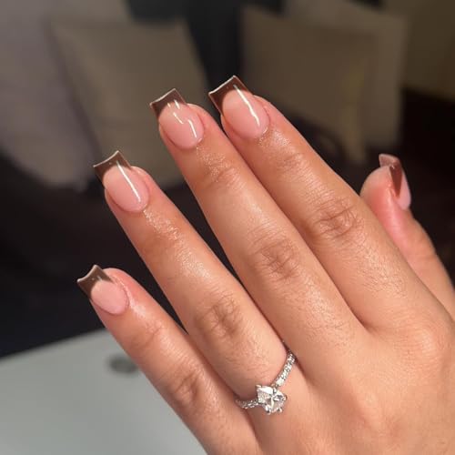 Kqueenest 30 Pcs Dark Brown French Tip Press on Nails Short Square Nails Press Ons, Natural Nude Fake Nails Acrylic, Classic Glue on Nails Short Coffin, Fall Gel French Nails for Women Diy Manicure