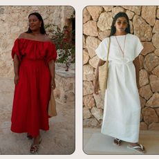 Best linen dresses are shown in a collage of photos of women wearing summer dresses. On the left, a woman is standing outside wearing a red off-the-shoulder linen maxi dress with snakeskin sandals and a raffia shoulder bag. On the right a woman stands outside wearing a white linen maxi dress with white flip flops, a raffia hobo bag, aviator sunglasses, and a red lariat necklace. 