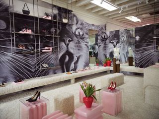 Tory Burch Melrose Store with pink plinths and giant cat images behind display units