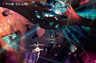 The dance club is the one room on board with no windows. It is a totally encompassing zero-gravity psychedelic experience.