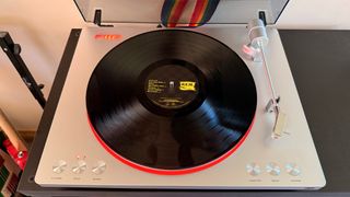 FiiO TT13 turntable shot from above with illumination set to red