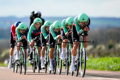 Decathlon CMA CGM Team riders pictured in action during the third stage of 84th edition of the Paris-Nice cycling race, a team time trial from Cosne-Cours-sur-Loire to Pouilly-sur-Loire (23,5 km), on Tuesday 10 March 2026. BELGA PHOTO DAVID PINTENS (Photo by DAVID PINTENS / BELGA MAG / Belga via AFP)