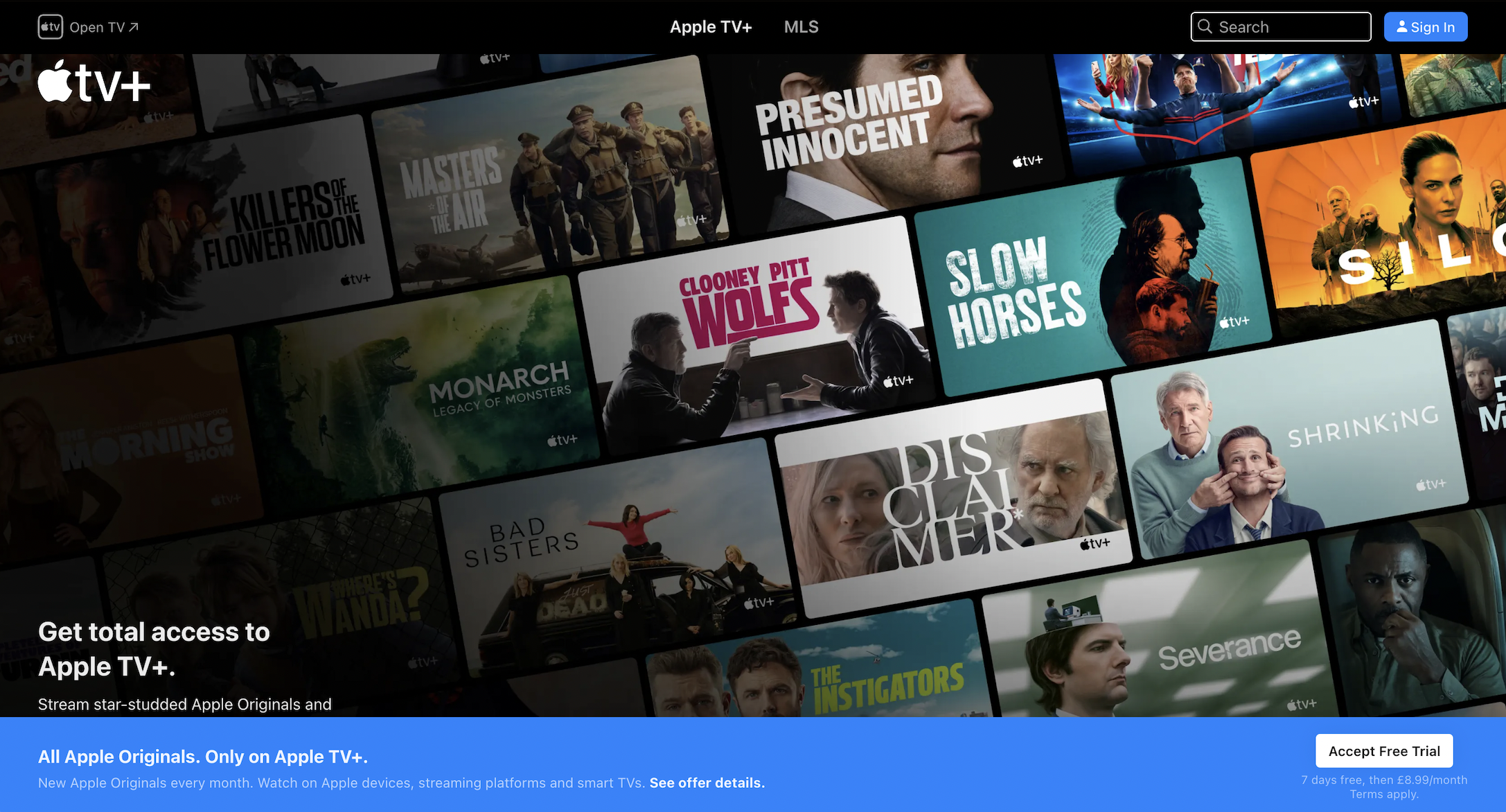 The Apple TV Plus homepage with some of their biggest titles such as Slow Horses, Silo, Severance and Disclaimer