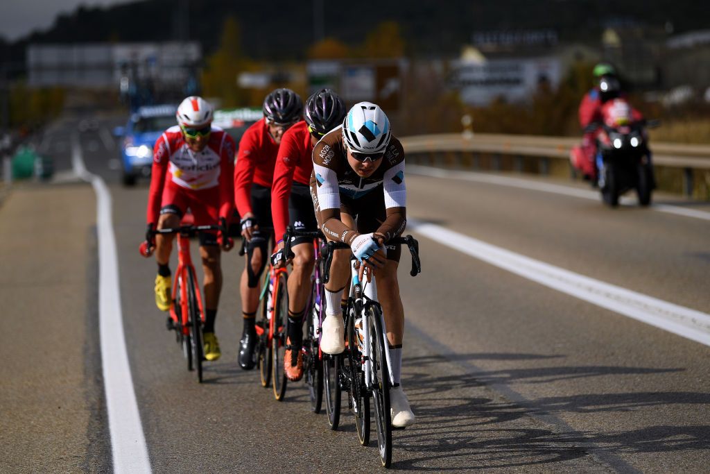 EJEADELOSCABALLEROS SPAIN OCTOBER 23 Harry Tanfield of The United Kingdom and Team AG2R La Mondiale Luis Angel Mate Mardones of Spain and Team Cofidis Solutions Credits Jesus Ezquerra Muela of Spain and Team Burgos BH Willie Smit of South Africa and Team Burgos BH Breakaway during the 75th Tour of Spain 2020 Stage 4 a 1917km stage from Garray Numancia to Ejea de los Caballeros lavuelta LaVuelta20 La Vuelta on October 23 2020 in Ejea de los Caballeros Spain Photo by David RamosGetty Images
