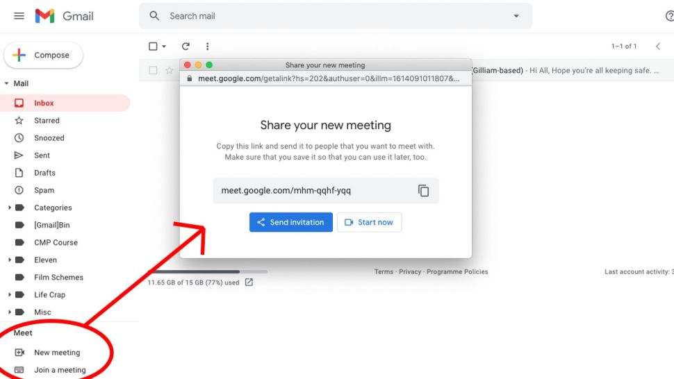 Gmail demonstrating how to start a meeting from within the interface