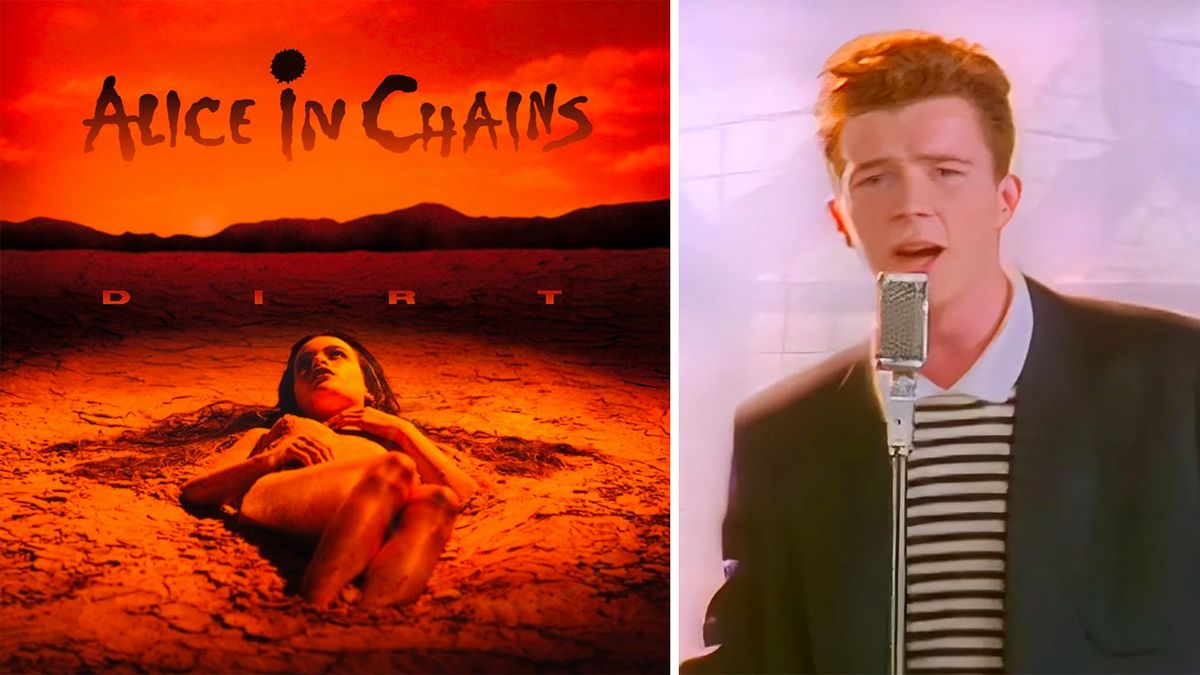 A collage of Alice In Chains&#039; Dirt album cover and Rick Astley