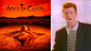 A collage of Alice In Chains' Dirt album cover and Rick Astley