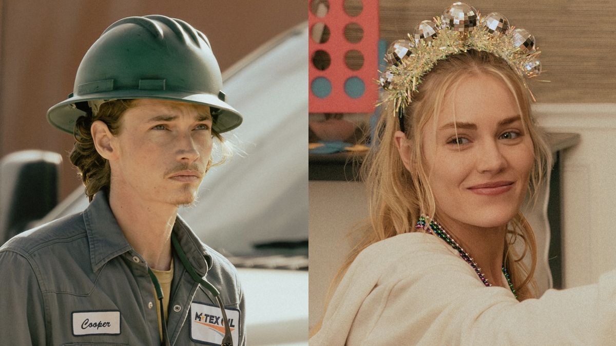 Side by side of Cooper in a hardhat and Ainsley wearing a crown in Landman