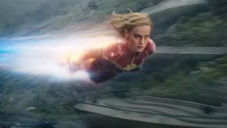 Brie Larson flying through the air in The Marvels.