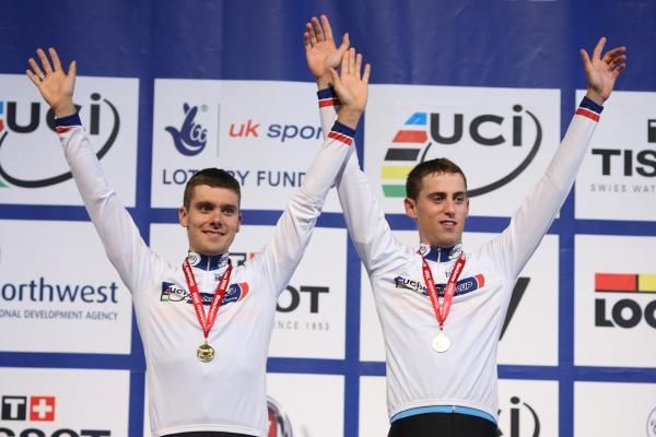Belgian's Kenny De Ketele and Tim Mertens on the men's madison podium.