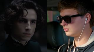 Side by side photos of Timothee Chalamet in Dune and Ansel Elgort in Baby Drivers