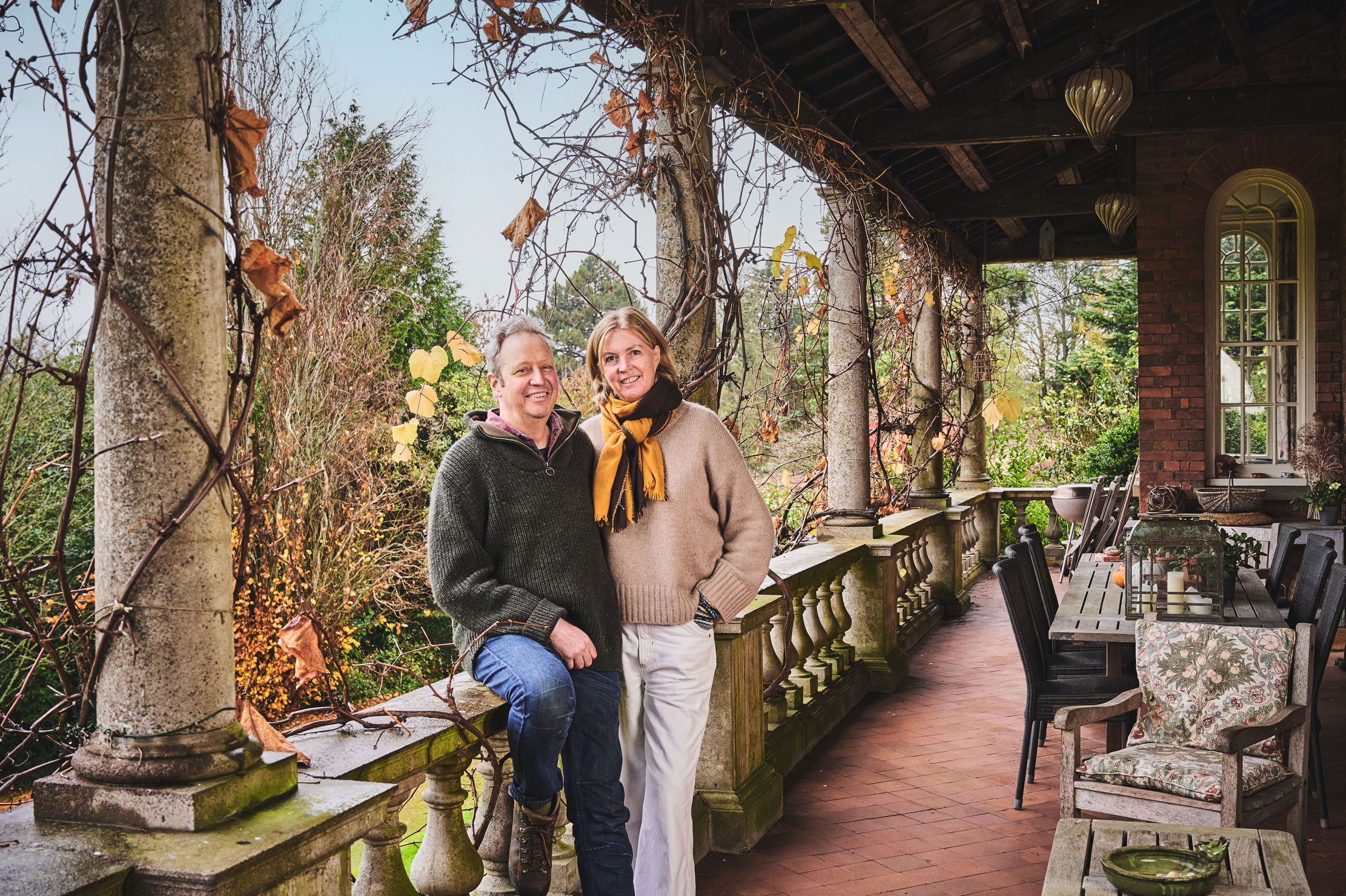 Richard &amp;amp; Susanna Bott on the Veranda Built by Richard&amp;rsquo;s great grandfather on returning from India and I think it is a really reflection of his aspirations and the mood of Edwardian Britain. Benington Lordship Gardens, Benington, Stevenage SG2 7BS. Photograph by Phil Barker