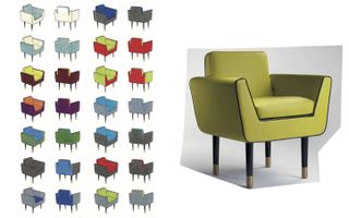 Multicoloured sketches of chair by India Mahdavi and a cut-out image of finished chair
