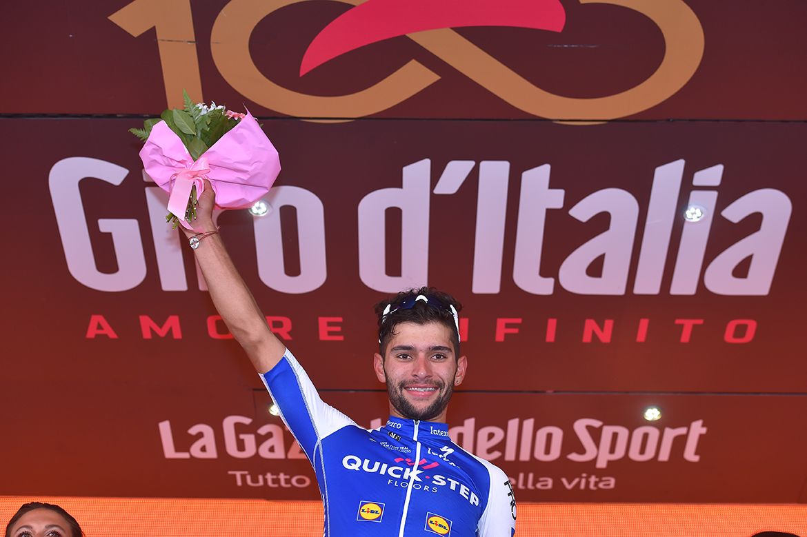 Fernando Gaviria atop the podium at the Giro d'Italia
