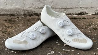 Quoc M3 Air road race shoes in white, featuring quoc designed dials and a carbon sole