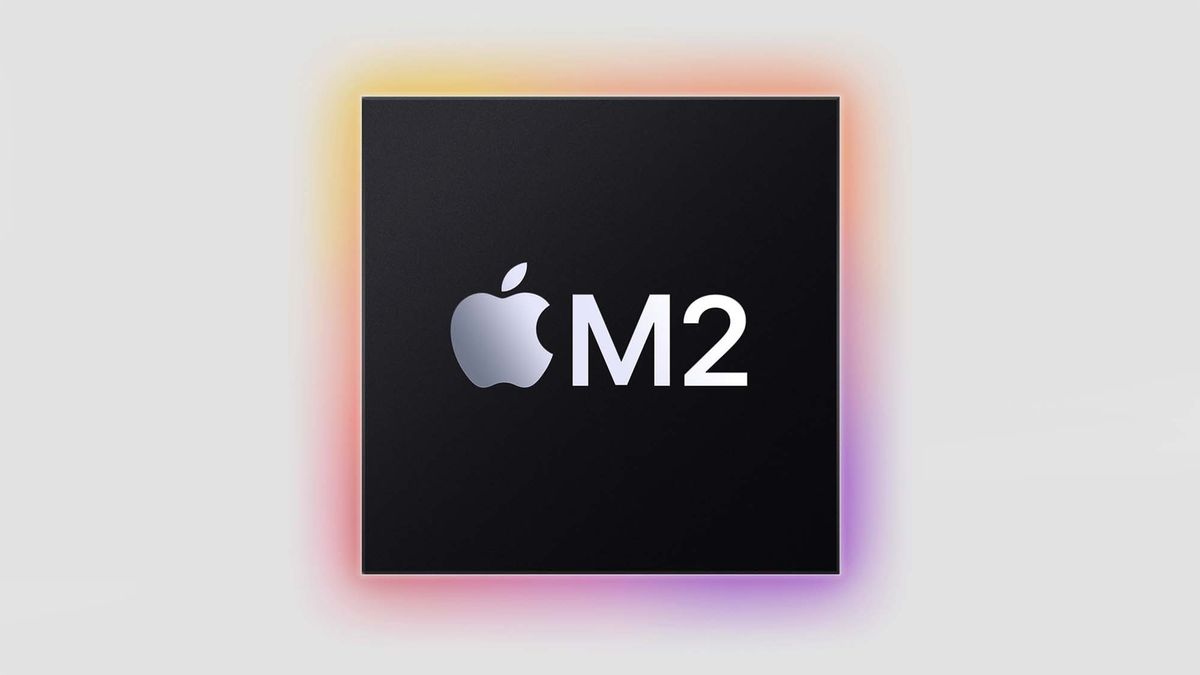 The Apple M2 logo ringed by a semi-rainbow dropshadow against a off-white background