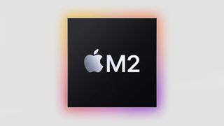 The Apple M2 logo ringed by a semi-rainbow dropshadow against a off-white background