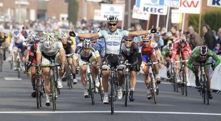 Francesco Chicchi (Omega Pharma-Quick Step) celebrates his sprint victory at the Handzame Classic.