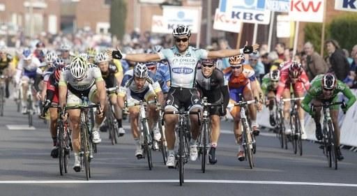 Francesco Chicchi (Omega Pharma-Quick Step) celebrates his sprint victory at the Handzame Classic.