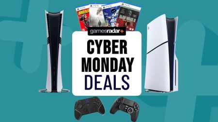 PS5 consoles, games, and accessories on a light blue background with Cyber Monday deals badge