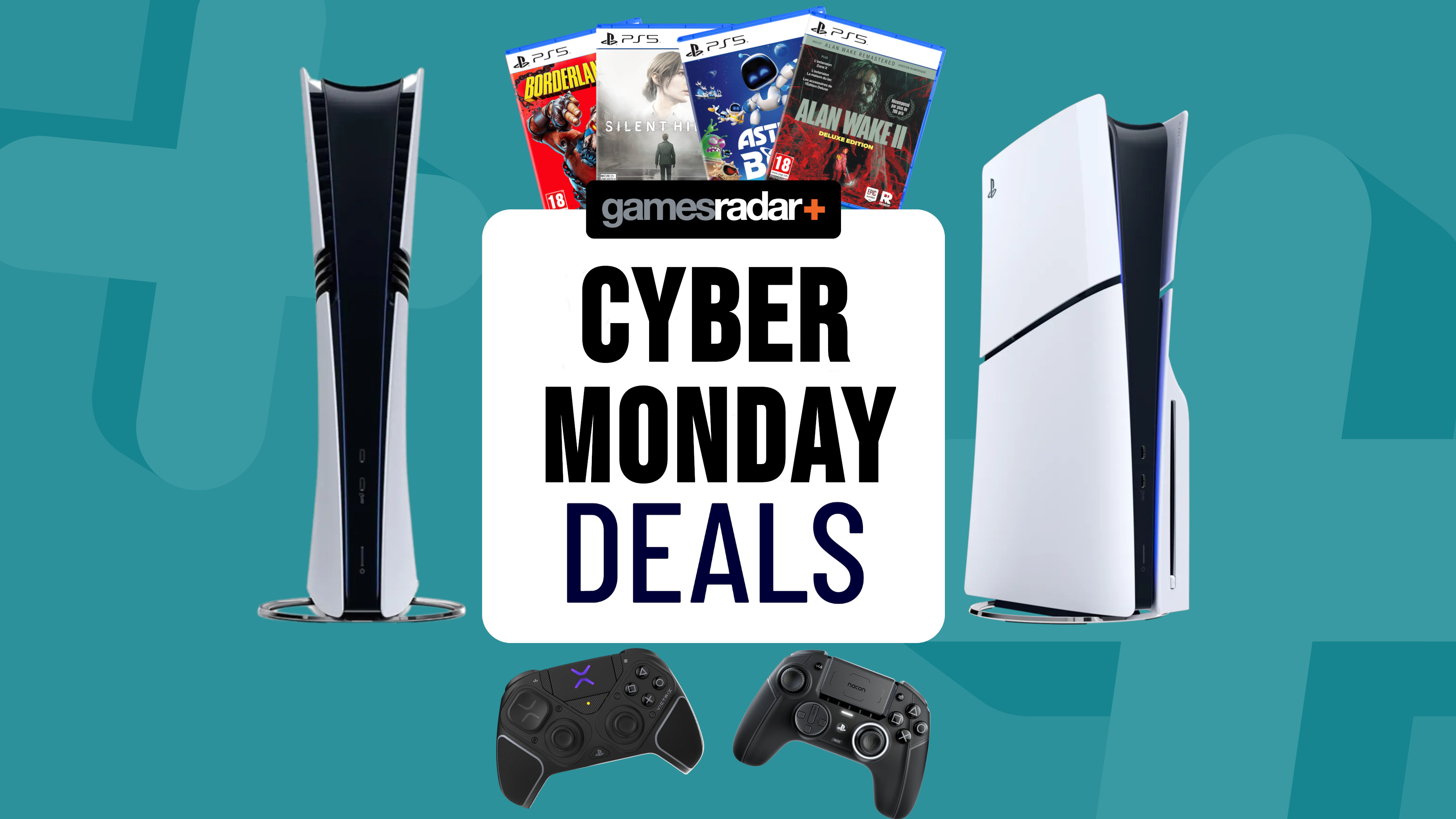 PS5 consoles, games, and accessories on a light blue background with Cyber Monday deals badge