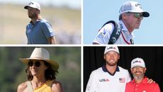 Four-way split image of Sam Burns, his caddie Travis Perkins, his wife Caroline, and his swing coach Brad Pullin