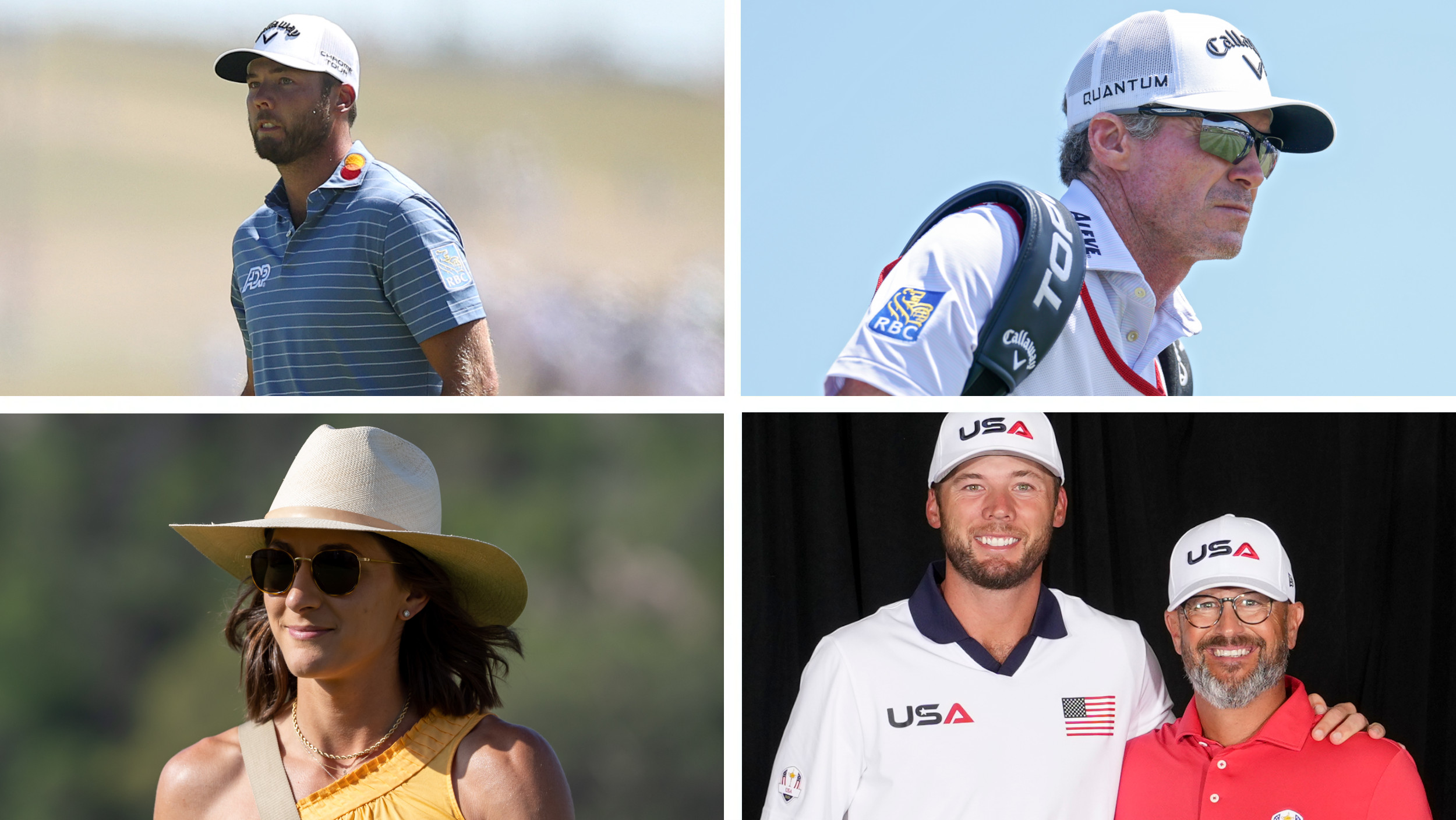 Four-way split image of Sam Burns, his caddie Travis Perkins, his wife Caroline, and his swing coach Brad Pullin