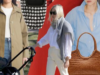 stylish mom pushing stroller in spring outfit along with a fashion collage including a trench coat button-down shirt and rhinestone flats