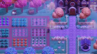 Moonlight Peaks - a player stands outside their house at night beside a farm plot of crops
