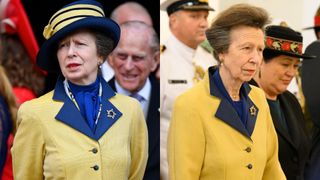 Princess Anne wearing the same yellow and blue coat on different occasions