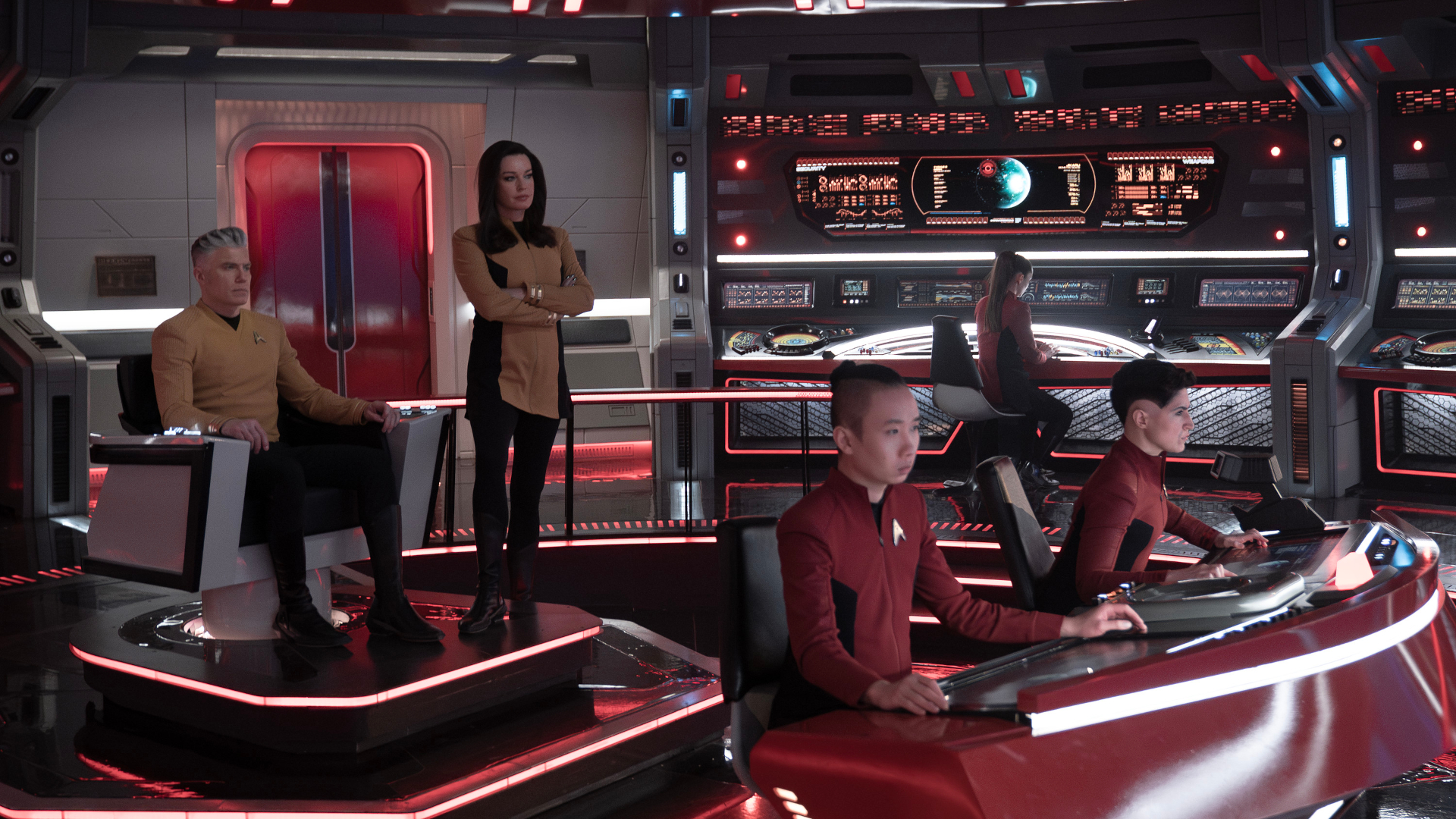 L to R Anson Mount as Capt. Pike, Rebecca Romijn as Una and Melissa Navia as Erica Ortegas in season 3 , Episode 7 of Strange New Worlds streaming on Paramount+. Photo Credit: Marni GrossmanParamount+